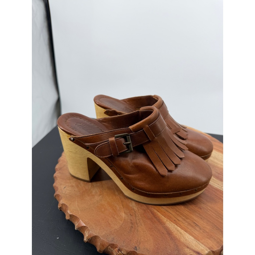 Madewell‎ Kiltie Fringe Clog Mules Women 7.5 Brown Leather Wooden Heel F5052